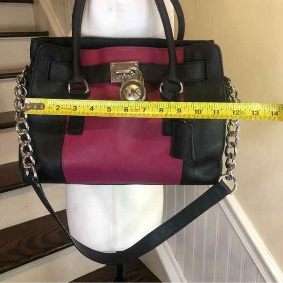 MICHAEL KORS Fuchsia & Black Saffiano Leather Satchel w Silver Chain Crossbody - Picture 9 of 17
